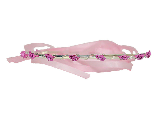 silver wire floral crown with pink rose accents and sheer pink ribbon, front view