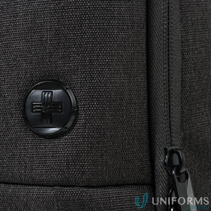 Dark gray textured backpack detail perfect for work uniforms or casual uniforms at Swissdigital Arosa Backpack