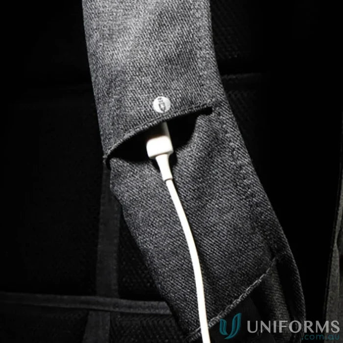Denim backpack strap with charging cable on Swissdigital Cosmo 3.0 Backpack, padded and stylish