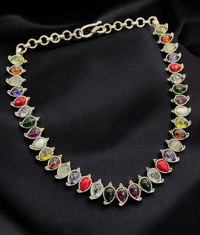 The Aru Silver Navratna Necklace (Oxidised)