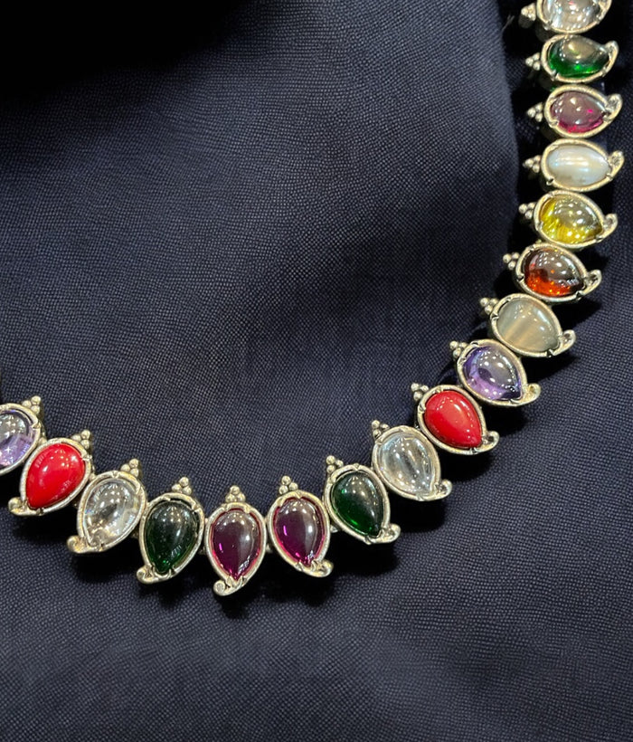 The Aru Silver Navratna Necklace (Oxidised)