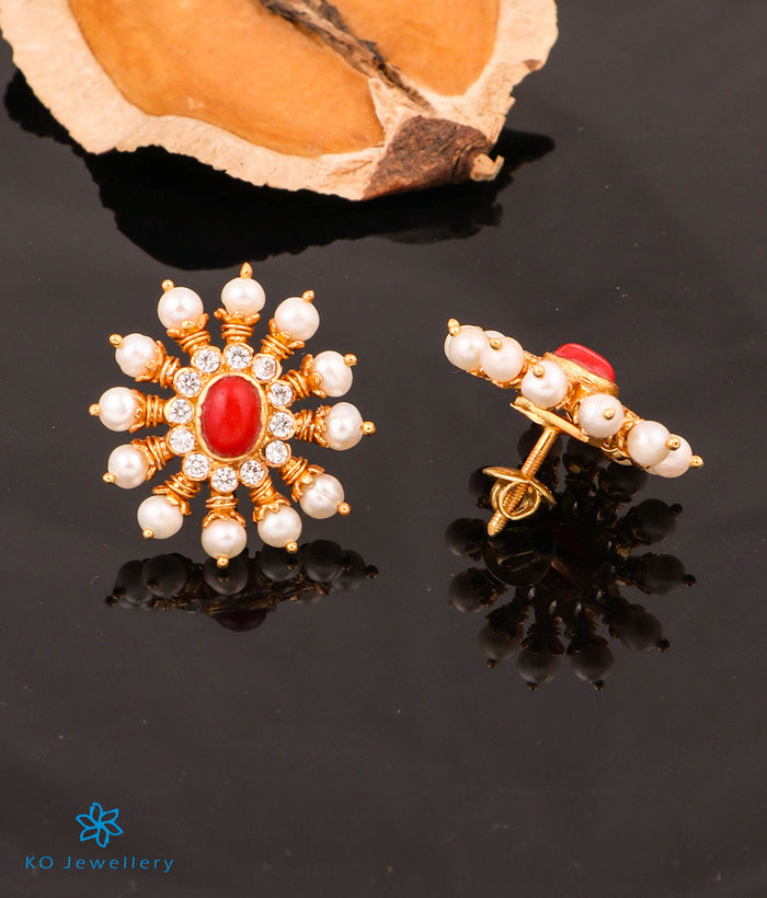 The Gajra Silver Ear-studs (Coral/Pearl)