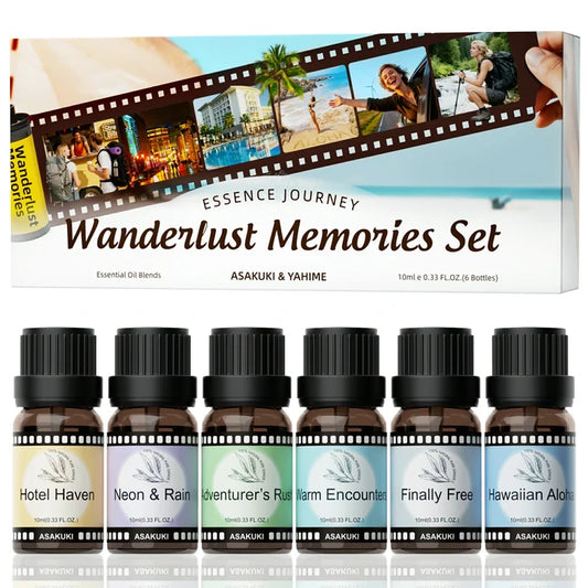 Wanderlust Memories essential oil gift set box with travel film strip design and 6 aromatherapy blends