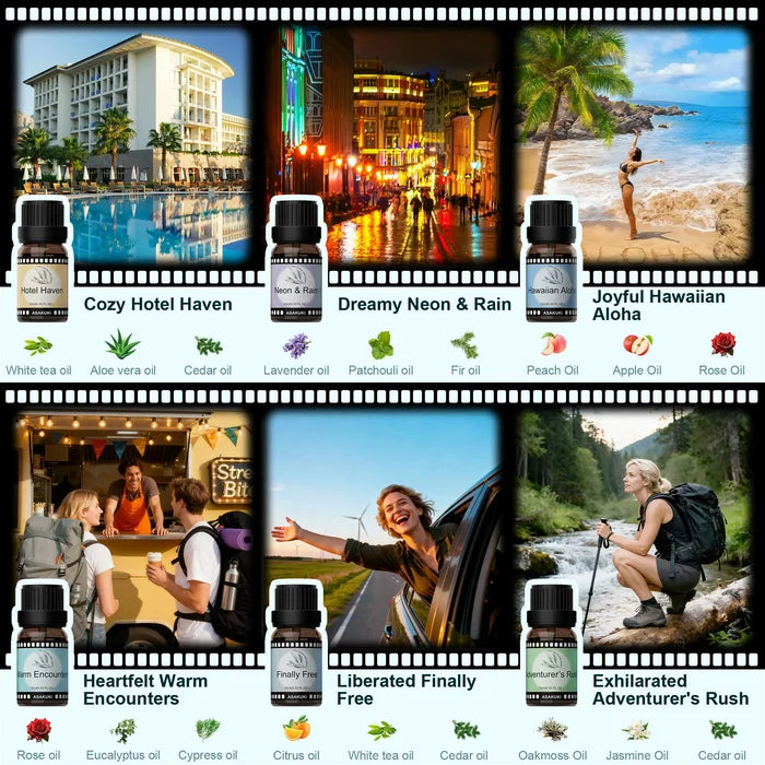 6 travel-inspired essential oil blends set including Hawaiian Aloha Hotel Haven and Adventurers Rush for diffuser aromatherapy