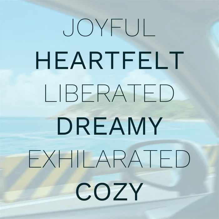 Wanderlust Memories essential oil set emotional words overlay on dreamy beach background for travel-inspired relaxation and joyful aromatherapy blends