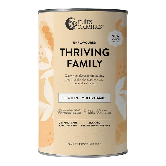 450g container Nutra Organics Thriving Family Protein - Unflavoured, organic plant-based protein powder.