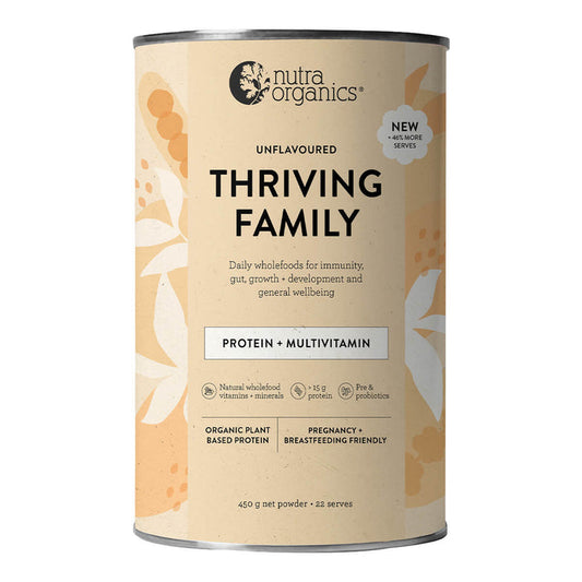 450g container Nutra Organics Thriving Family Protein - Unflavoured, organic plant-based protein powder.