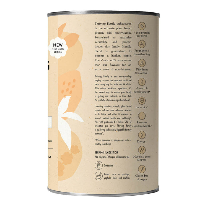 Side view of 450g container Nutra Organics Thriving Family Protein - Unflavoured, organic plant-based protein powder.