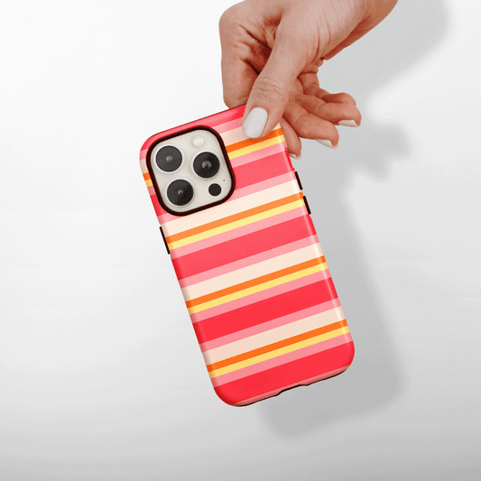 Pink, yellow, orange and white horizontal stripes.