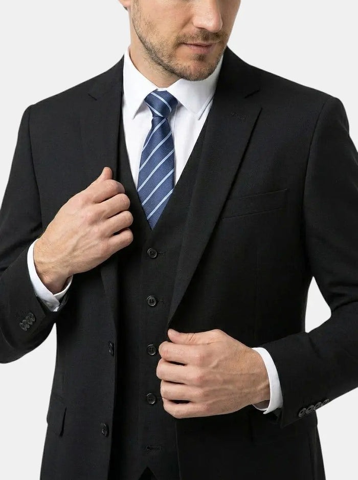 Troy men's three-piece suit in tailored fit with classic style, featuring a jacket, vest, and trousers in a formal men's suit.