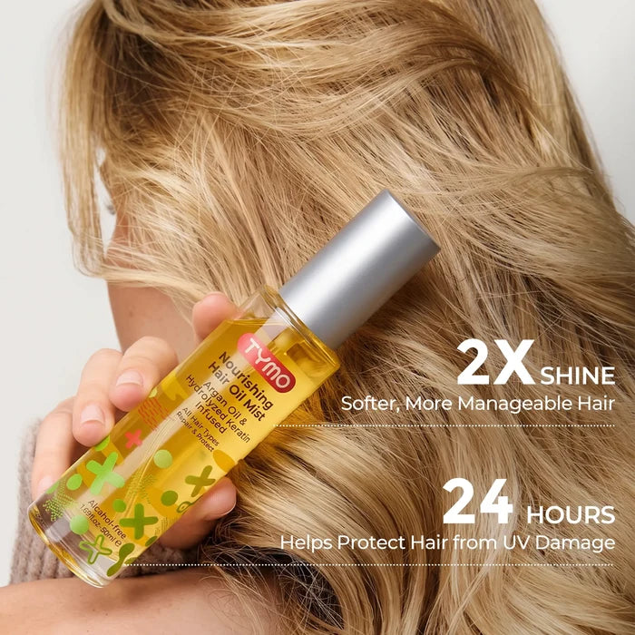 Woman using TYMO Nourishing Hair Oil Mist on blonde wavy hair, 2X shine 24hr UV protection anti-frizz hair treatment spray