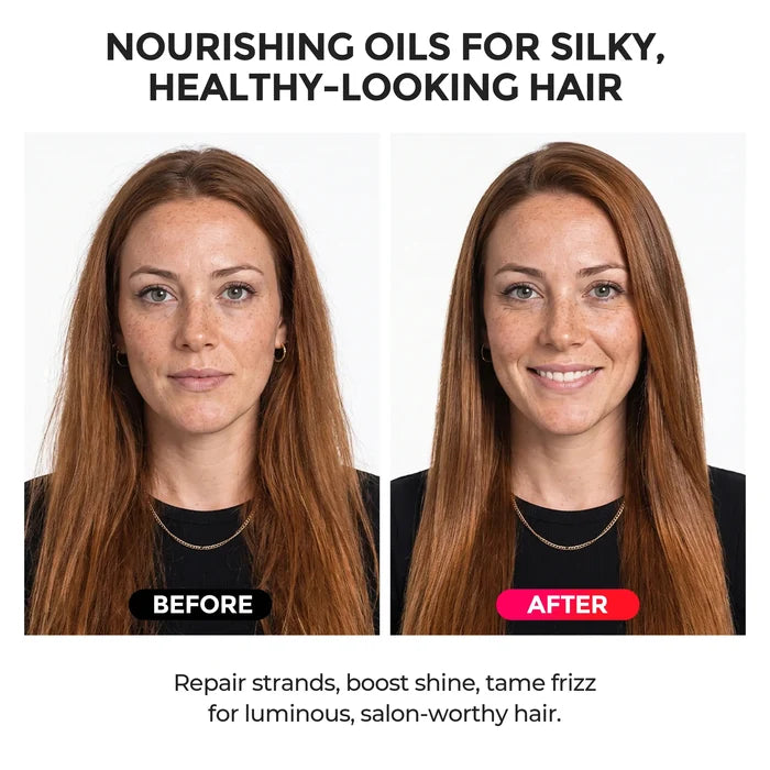 TYMO Nourishing Hair Oil Mist before and after hair comparison, tame frizz repair strands boost shine, salon silky hair effect