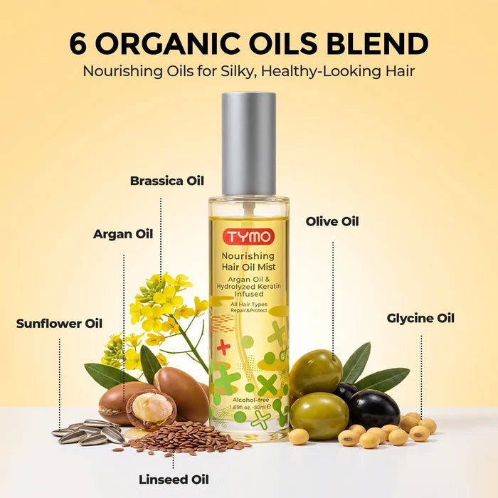 TYMO Nourishing Hair Oil Mist 6 organic oils blend, argan oil olive oil sunflower linseed brassica glycine oil nourishing hair serum ingredients