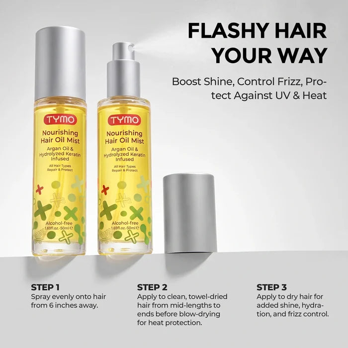 TYMO Nourishing Hair Oil Mist product display with usage steps, argan oil keratin hair spray, anti-frizz heat UV protection hair oil mist for all hair types