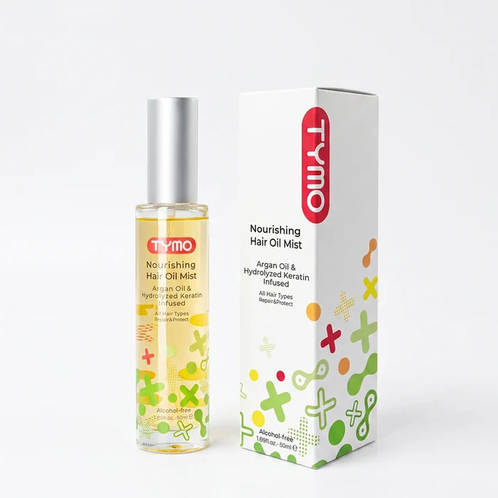 TYMO Nourishing Hair Oil Mist bottle and packaging box, 50ml alcohol-free argan oil hydrolyzed keratin hair mist, nourishing hair serum spray retail package