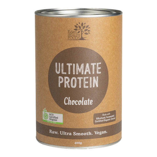 Front view of Eden Healthfoods Ultimate Protein - Chocolate 400g tin, showcasing a high-protein (80%), alkalising supplement made using a traditional bio-fermentation process.