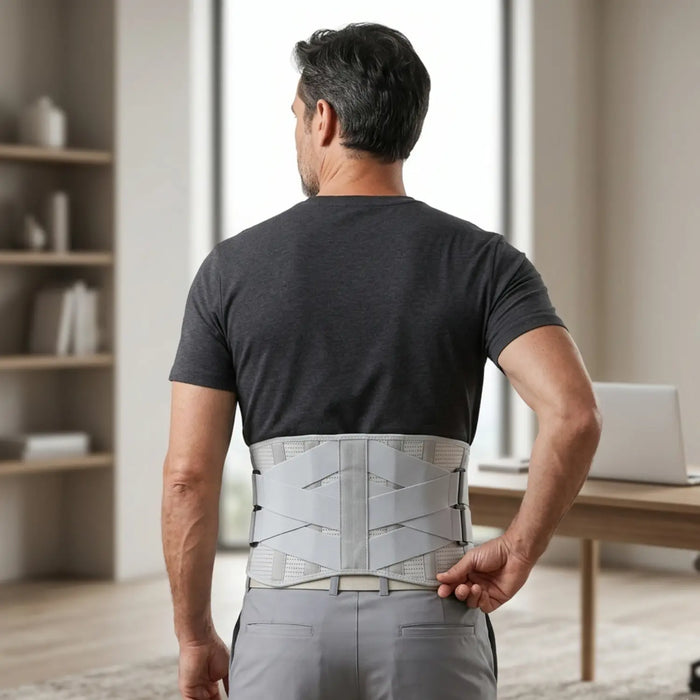 Unisex adjustable fabric back brace with contoured steel support for posture correction and enhanced comfort.