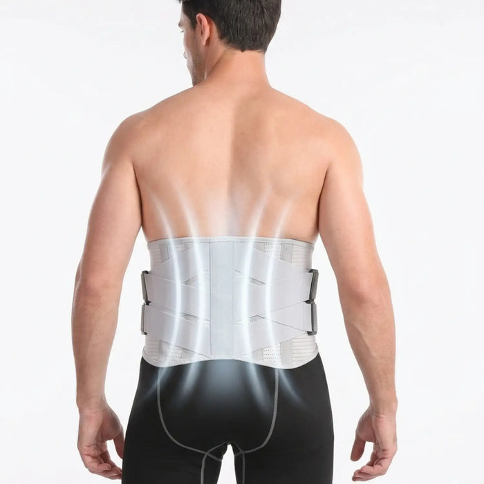 Unisex adjustable fabric back brace with contoured steel support for posture correction and comfortable back support.