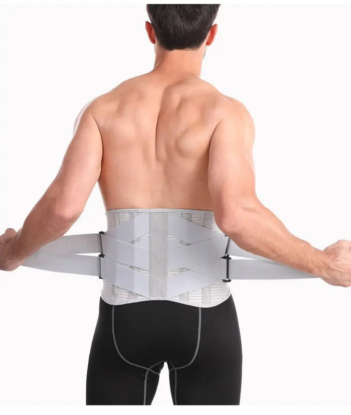 Unisex adjustable fabric back brace with contoured steel support for posture correction and improved back comfort.
