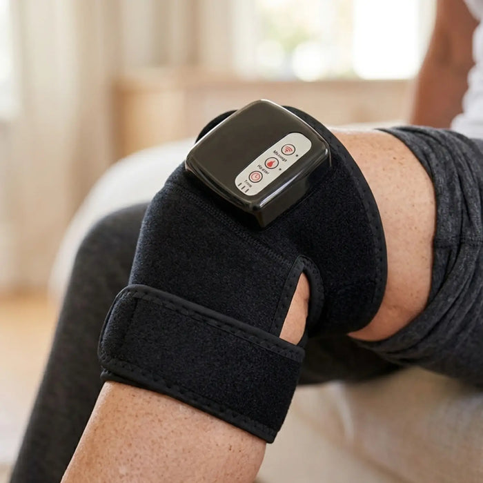 Unisex adjustable heat compression knee massager with soothing vibration therapy for pain relief and muscle relaxation.