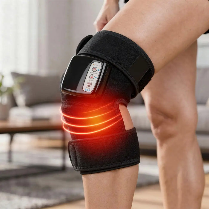 Unisex adjustable heat compression knee massager with soothing vibration therapy, designed for pain relief and comfort.