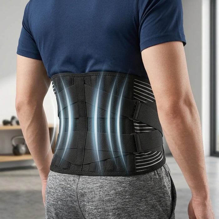 Unisex adjustable mesh back brace with lumbar support and posture correction belt for comfortable back support.
