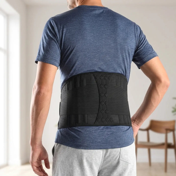 Unisex adjustable mesh lumbar support brace with contoured design for back pain relief, ideal for posture and back support.