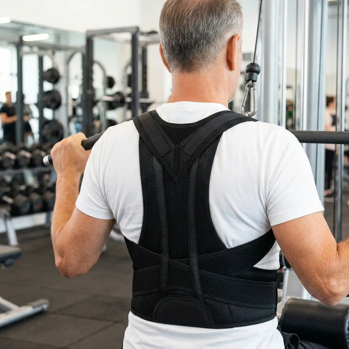 Unisex breathable fabric back posture support brace with adjustable straps for comfortable back correction.