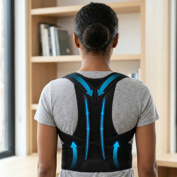 Unisex breathable fabric back support brace from LondonLaneStore with adjustable straps for posture correction and comfort.