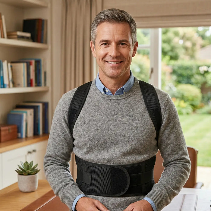 Unisex breathable fabric back support brace from LondonLaneStore, adjustable posture corrector for comfortable back alignment.