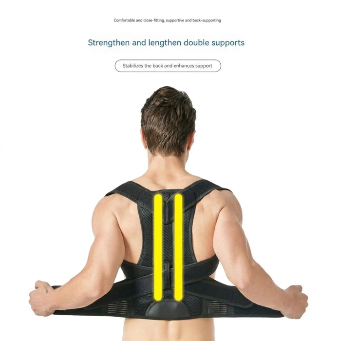 Unisex breathable fabric back support brace with adjustable straps, designed for posture correction and comfort.