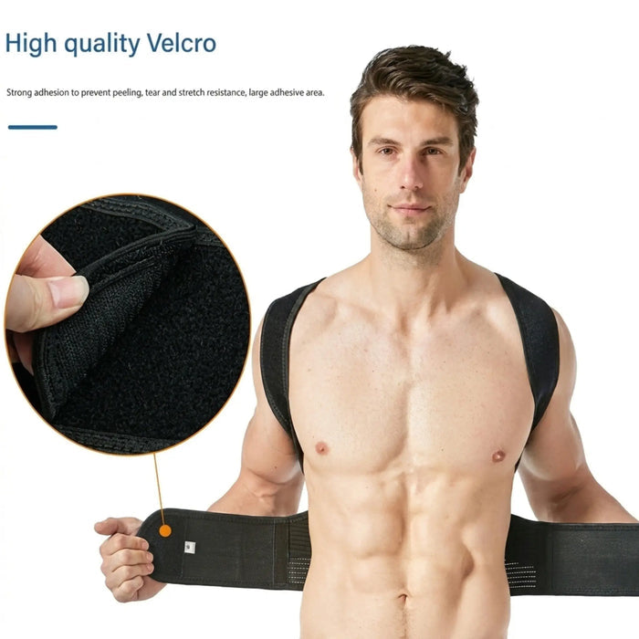 Unisex breathable fabric back support brace with adjustable straps, designed for posture correction and comfort.