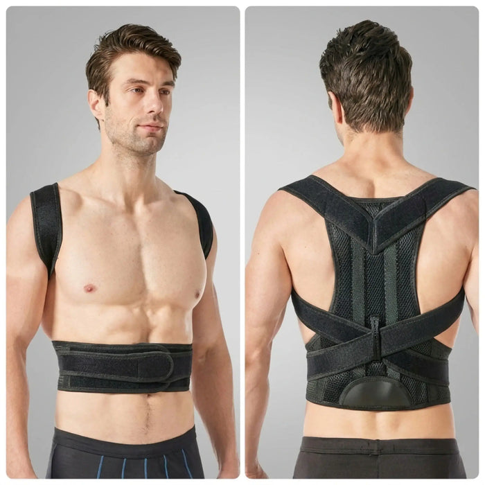 Unisex breathable fabric back posture support brace with adjustable straps, designed for comfortable back correction.