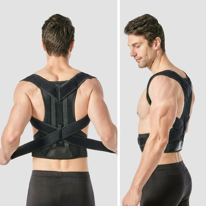 Unisex breathable fabric back posture support brace with adjustable straps and ergonomic design for comfortable posture correction.