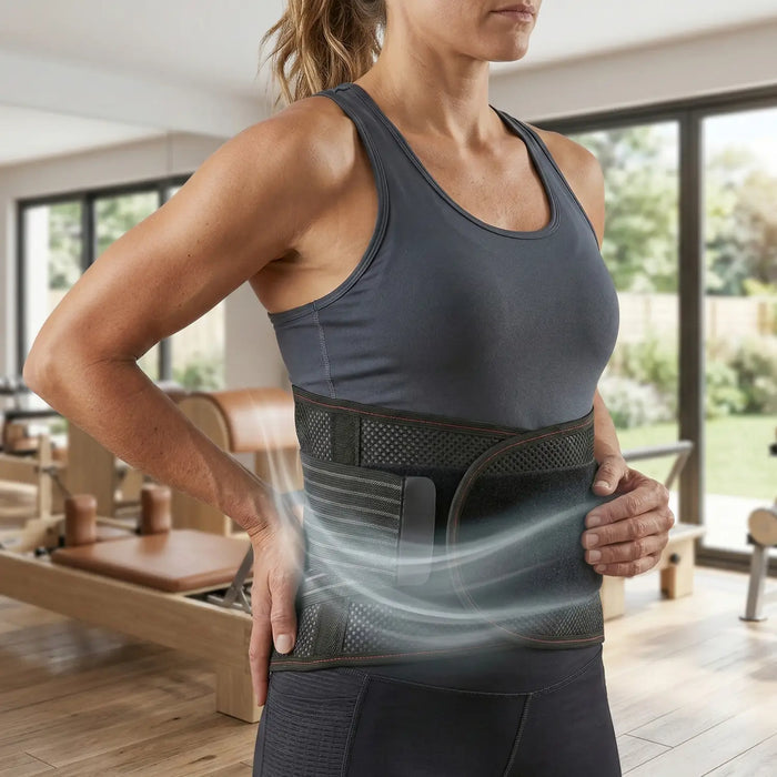 Unisex breathable mesh lumbar support belt with ergonomic design and adjustable back brace for pain relief.