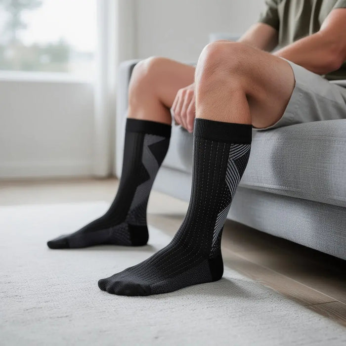 Unisex breathable nano-fiber compression socks providing targeted support for pain relief, designed for comfort and durability.