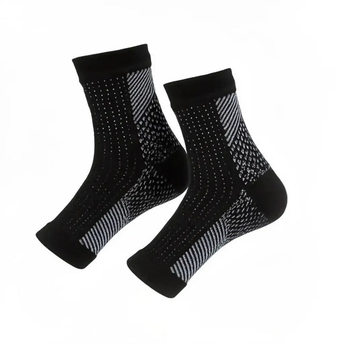 Unisex breathable nano-fiber compression socks providing targeted support for pain relief and improved circulation.