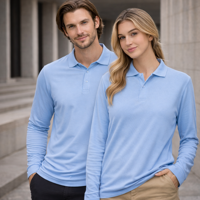 Unisex traditional poly long sleeve polo in light blue pique