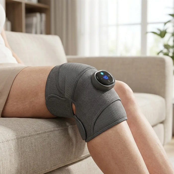 Unisex soft fabric knee massager with adjustable electric heat and vibration therapy, designed for soothing knee relief.