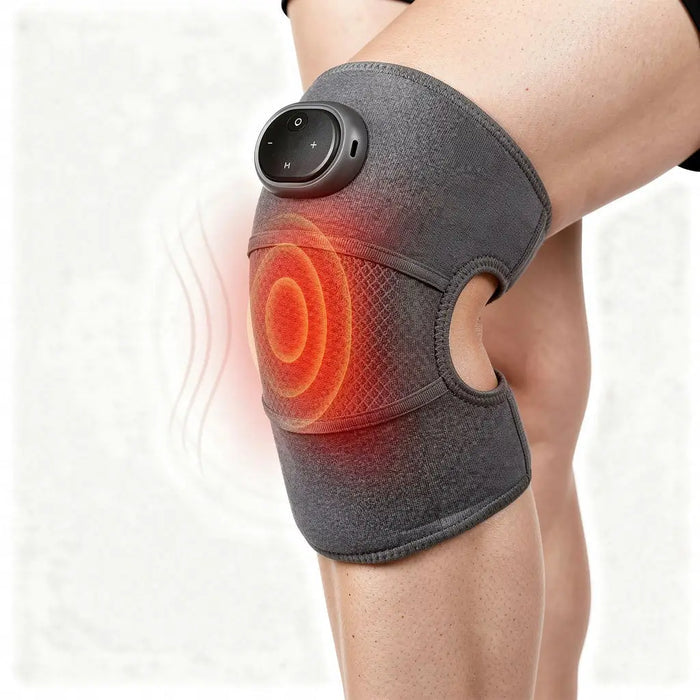 Unisex soft fabric knee massager with adjustable heat and vibration therapy, designed for pain relief and comfort.