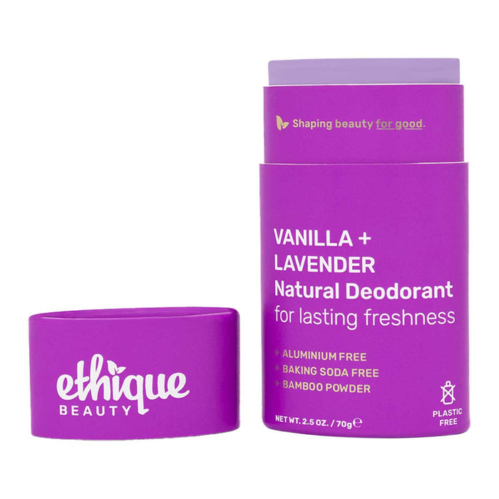 Ethique Vanilla + Lavender Natural Deodorant 70g, aluminium and baking soda free, eco-friendly packaging.