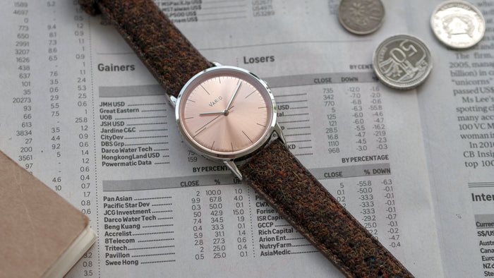 vario salmon dress watch 38mm with harris tweed strap