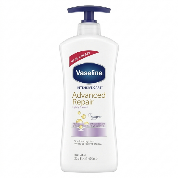 Vaseline Intensive Care Advanced Repair lightly scented body lotion on a white background