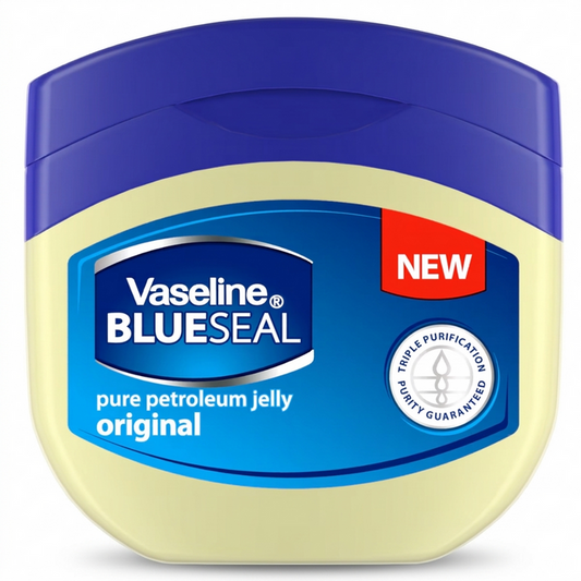 Vaseline Blue Seal pure petroleum jelly container on a white background