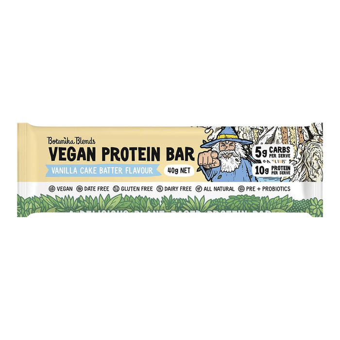 40g Botanika Blends Vegan Protein Bar in Vanilla Cake Batter flavour, all-natural, no artificial flavours, colours, or sweeteners.