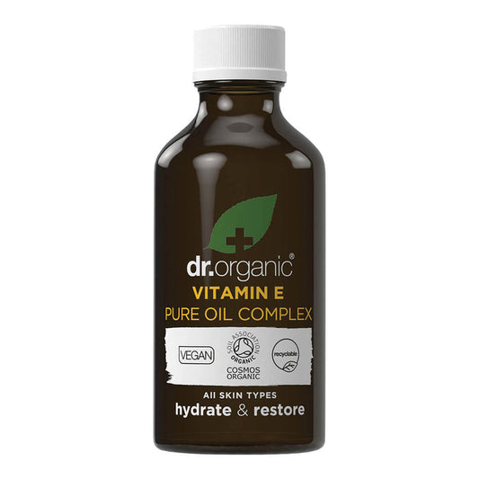 50ml bottle Dr. Organic Vitamin E Pure Oil, a unique natural combination of ingredients for use as a moisturiser on stretch marks, scars, and dry skin.