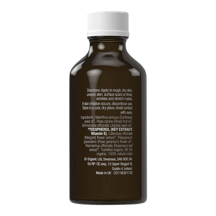 Back of 50ml bottle Dr. Organic Vitamin E Pure Oil, a unique natural combination of ingredients for use as a moisturiser on stretch marks, scars, and dry skin.