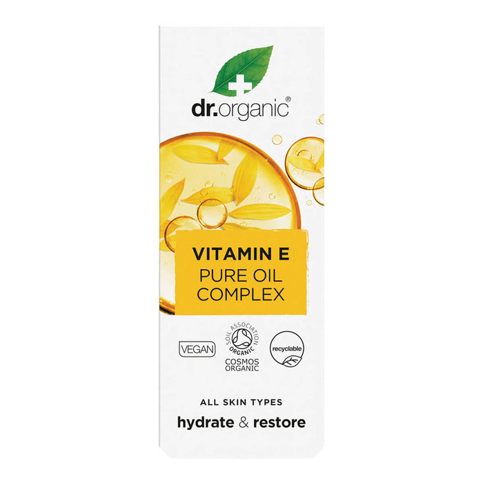 50ml box Dr. Organic Vitamin E Pure Oil, a unique natural combination of ingredients for use as a moisturiser on stretch marks, scars, and dry skin.
