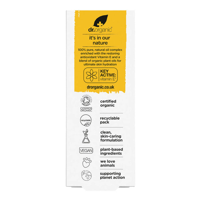 Back of 50ml box Dr. Organic Vitamin E Pure Oil, a unique natural combination of ingredients for use as a moisturiser on stretch marks, scars, and dry skin.