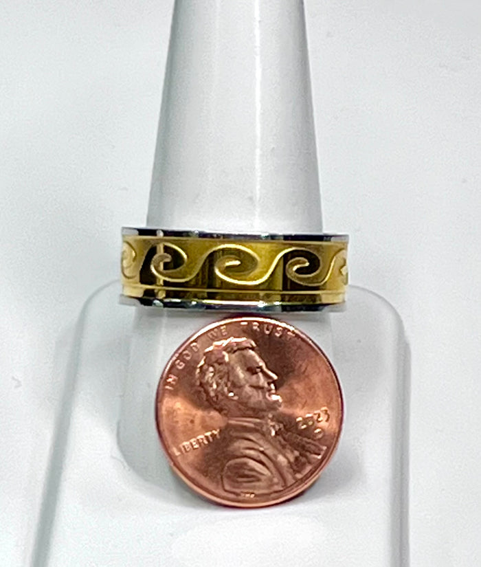 Wave Ring - Stainless Steel Gold Accent Symbol of Balance Jewelry front view